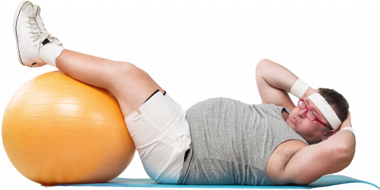 Fat man with exercise ball