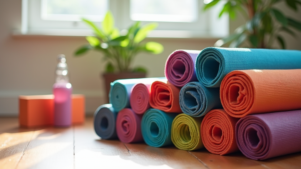 Rolled up Yoga mats of different colors.