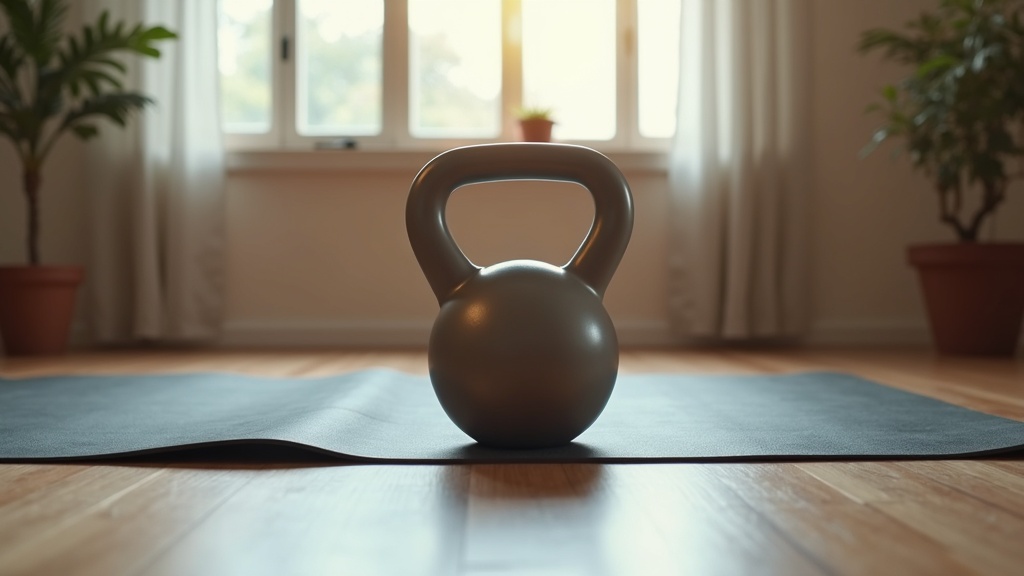 Picture of kettle bell on a yoga mat.