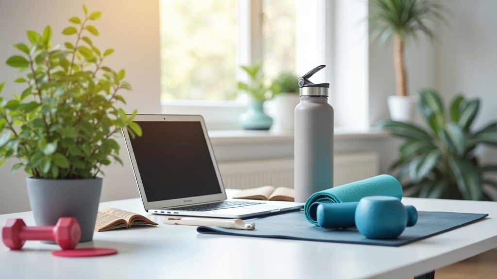 Weights and water bottle on work desk.