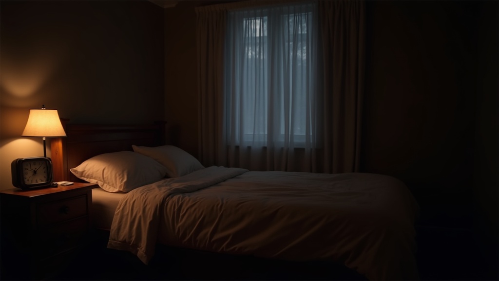 A cozy, softly lit bedroom with dimmed lights, blackout curtains, a tidy bed, and a visible analog clock on a nightstand, emphasizing a calm and restful environment.